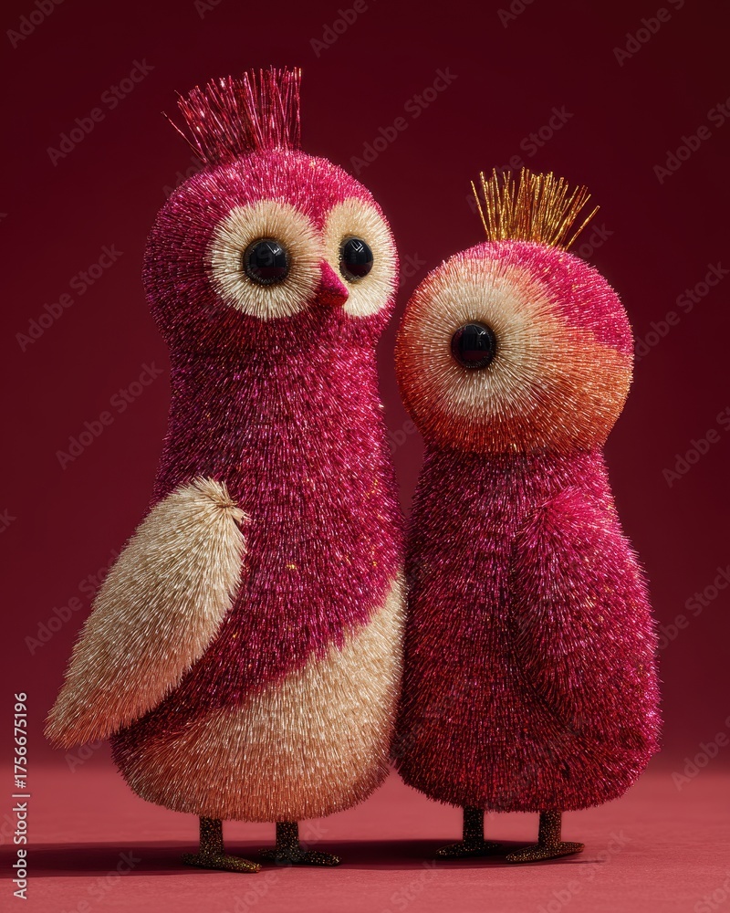 Fototapeta premium Colorful Decorative Birds in Soft Textile Art Style Displayed Together