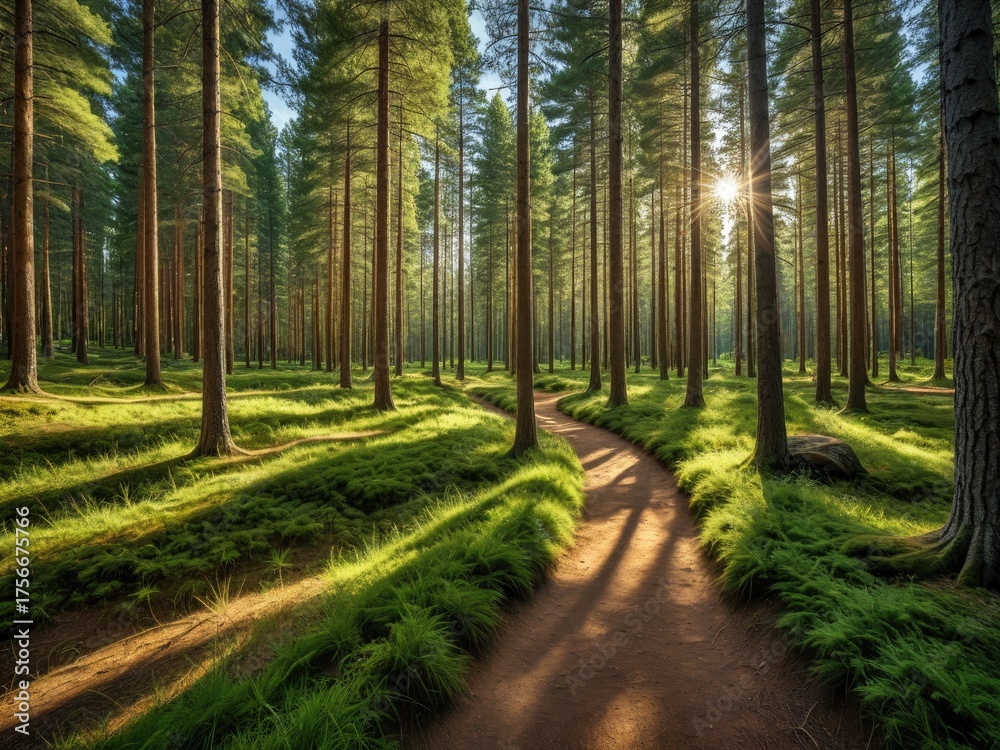 Fototapeta premium Forest trail with sun shining through tall trees, casting shadows on green grass