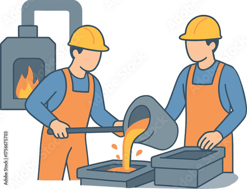 Workers wearing helmets in workshop of metalurgy and molten metal and moulding