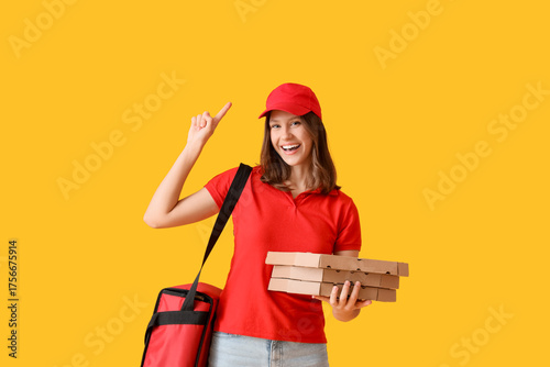 Female courier with bag and...