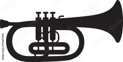 black silhouette of bugle on white background, vector.