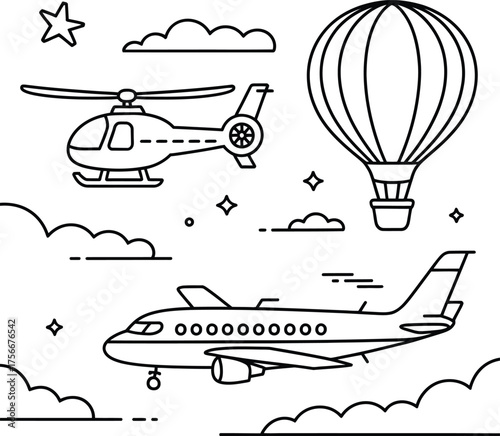 Helicopter hot air balloon airplane flying clouds