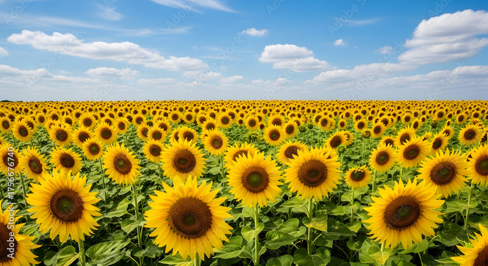 Fototapeta premium Expansive field of vibrant yellow sunflowers under a clear blue sky with fluffy white clouds, showcasing abundant blooms and green foliage stretching to the horizon.