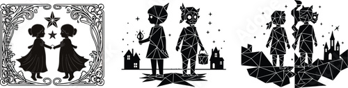 Fantasy children illustration set, silhouette girls with star, animal-eared kids on magical platform, castle scene with sparkles, black and white vector pack for stock