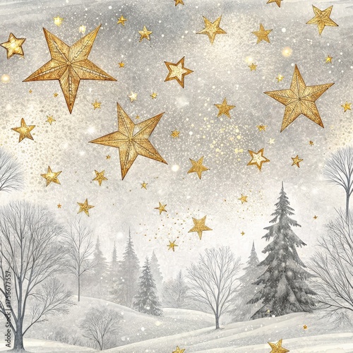 seamless confetti stars for christmas time Winter landscape with stars, trees, and a serene atmosphere.