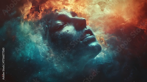 A woman's face emerges from a swirling cloud of color and light, evoking a sense of dreams, imagination, and the cosmos.
