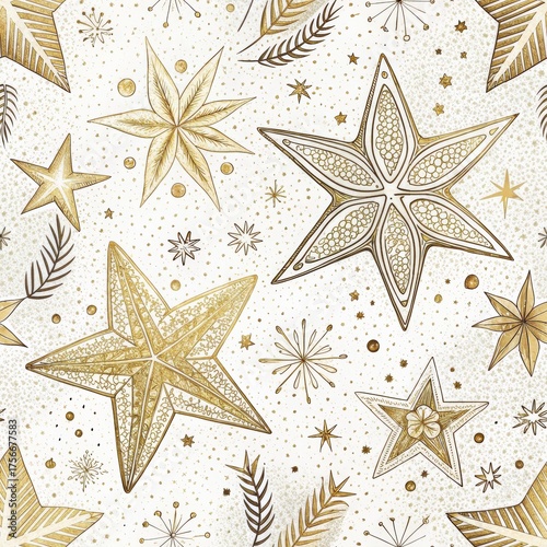 seamless confetti stars for christmas time Artistic pattern featuring stars and foliage in gold and black on a light background.