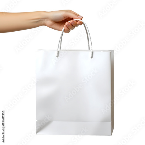 Hand holding a white paper shopping bag on black