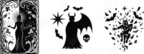 Mystical illustration set, divine woman with halo, demonic winged figure with skull and bats, horned entity breaking through surface, black and white vector pack