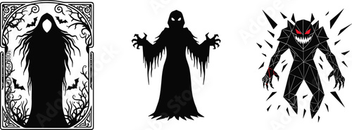 Shadow monster illustration set, ghostly figure with bats and branches, clawed entity with glowing eyes, jagged creature with shards, black and white vector pack