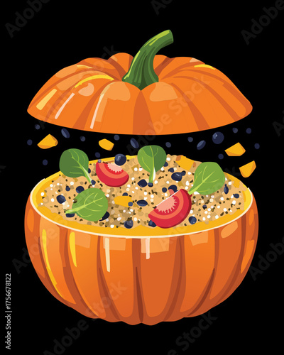 Creative Stuffed Pumpkin or casserole filled with grains and vegetables, a wholesome and impressive vegetarian centerpiece - Vector Illustration