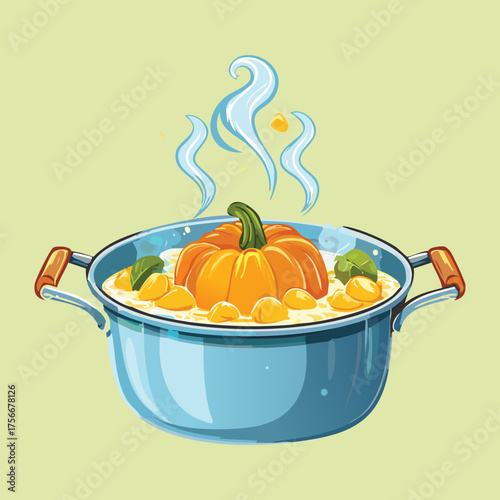 Steaming Pumpkin Curry or savory stew in a blue pot, indicating a warm and flavorful fall dinner being cooked - Vector Illustration