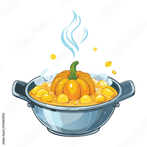Steaming Pumpkin and Herb stew in a green pot or tureen, showing savory flavors and fresh fall ingredients - Vector Illustration