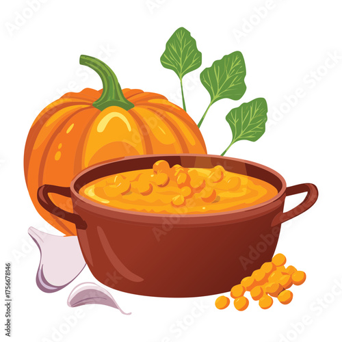 Hearty Pumpkin and Spice stew or thick curry served in a deep bowl, perfect for a warm and comforting autumn dinner - Vector Illustration