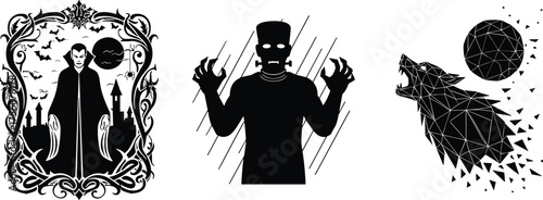 Horror character illustration set, vampire with gothic castle, Frankenstein monster pose, polygonal werewolf howling at moon, spooky vector pack with bats and eerie atmosphere