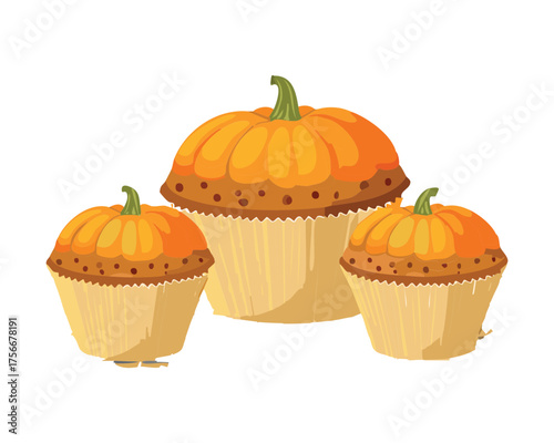 Grouping of plump Pumpkin Muffins or simple cupcakes, showcasing the beautiful orange color of a fall favorite dessert - Vector Illustration