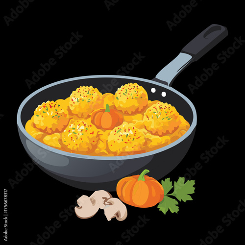 Savory Pumpkin Gnocchi or dumplings cooking in a pan with herbs, a hearty and warm fall dinner dish - Vector Illustration