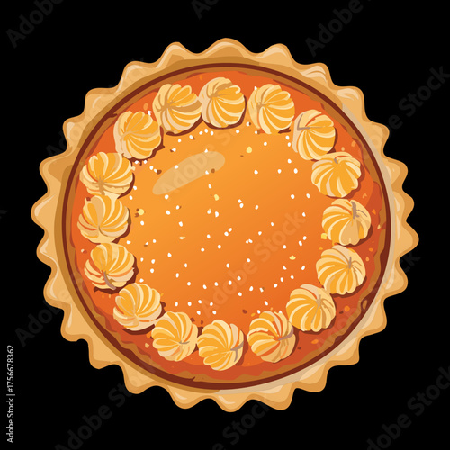 Whole Pumpkin Tart with a perfectly crimped crust, generously filled and decorated with pumpkin seeds, a rich autumn treat - Vector Illustration