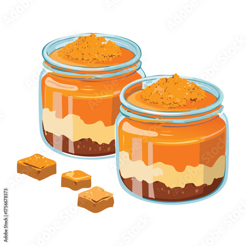 Collection of homemade Pumpkin Jams or preserves in glass jars, featuring caramel swirls, a sweet autumn harvest food - Vector Illustration