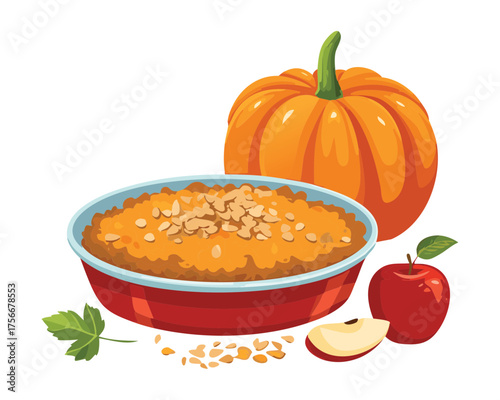 A comforting bowl of warm Pumpkin Apple Porridge or pudding, served with fresh apple slices, perfect for breakfast or dessert - Vector Illustration