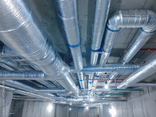Obraz na płótnie 建物の天井に張り巡らされた銀色のダクト配管設備と空調システムのメンテナンス現場
