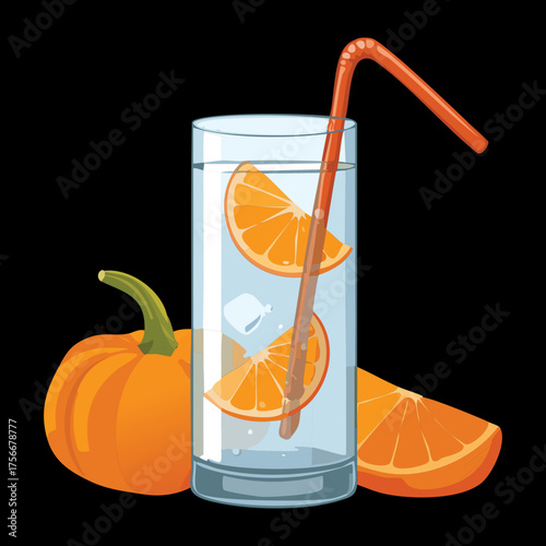 Refreshing cold pumpkin carrot juice blend or fruit cocktail with a striped straw and carrot slice garnish, a healthy autumn beverage - Vector Illustration