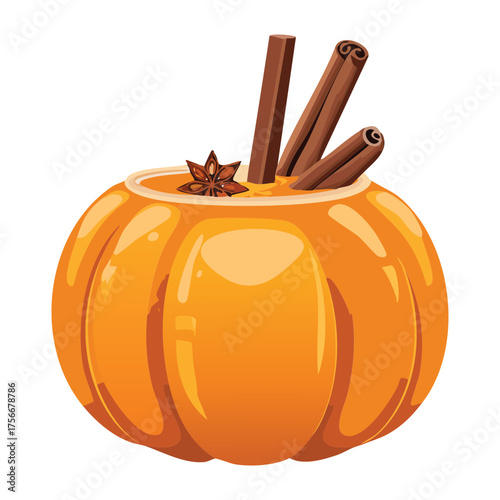 Rustic whole pumpkin decorated with aromatic cinnamon sticks and cloves, symbolizing rich autumn and fall spice flavors - Vector Illustration