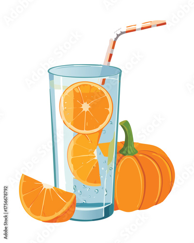 Chilled pumpkin orange citrus fruit infused cocktail or lemonade in a clear glass with a straw, refreshing cold autumn drink - Vector Illustration