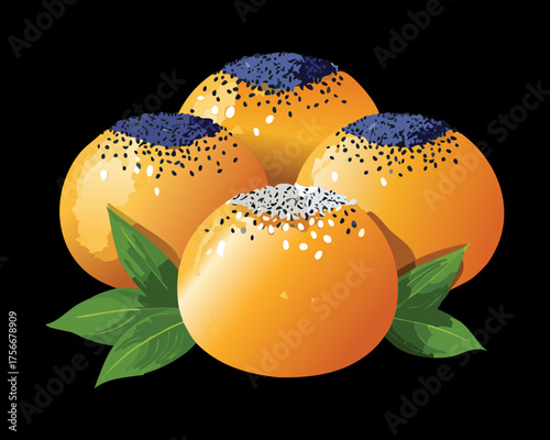 Autumn harvest of spiced pumpkin bread rolls or buns decorated with dark poppy seeds and beautiful green leaves for holiday dinner - Vector Illustration