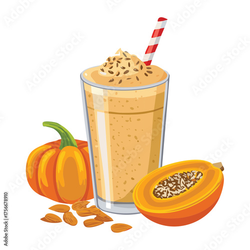 Refreshing pumpkin papaya fruit smoothie or milkshake with a striped red straw served next to a small pumpkin for a healthy drink - Vector Illustration
