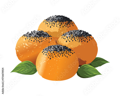 Sweet Pumpkin Seed Buns Topped with Poppy Seeds and Glaze, Ideal for Autumn Breakfast or Dessert Snack - Vector Illustration