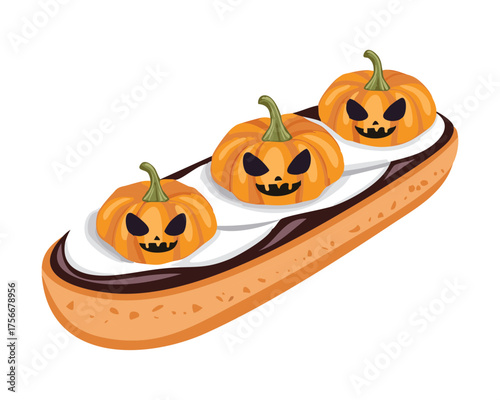 Scary Halloween Jack-O'-Lantern Pumpkin Eclair Pastry with Cream Filling and Chocolate Toppings for a Festive Dessert Display - Vector Illustration