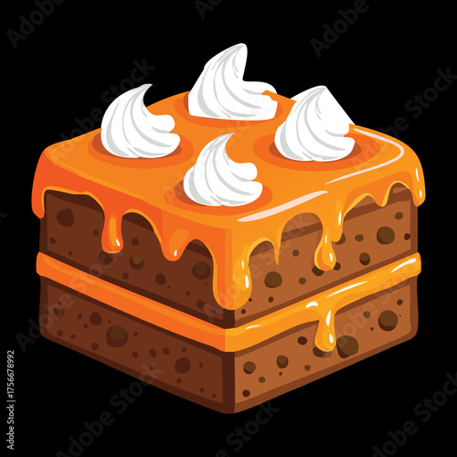 Indulgent square portion of pumpkin layer cake with generous orange frosting and decorative whipped cream on top, a favorite autumn dessert - Vector Illustration