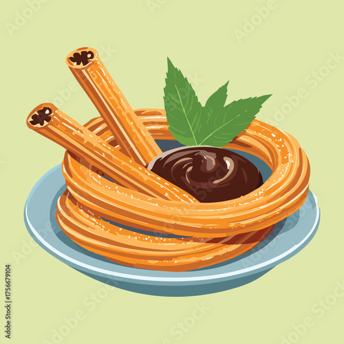 Crispy cinnamon churro loops arranged with a small baked pumpkin chocolate cake, a festive autumn snack combination for a dessert menu - Vector Illustration