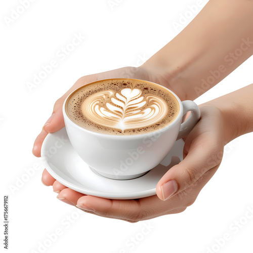 Hands Holding White Cup of Coffee with Latte saucer