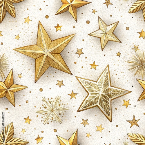 seamless confetti stars for christmas time Pattern of stars and sparkles in gold on a textured white background.