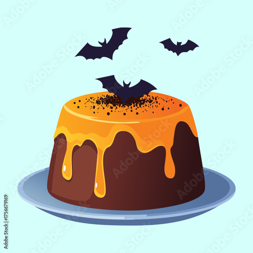 Rich chocolate pumpkin fall pudding dessert drizzled with sweet orange sauce and decorated with spooky black bats, perfect for a seasonal menu - Vector Illustration