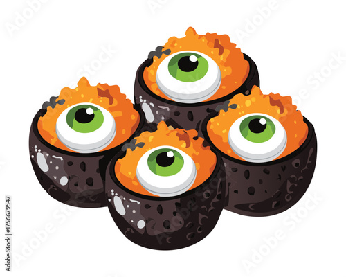 Ghoulish Black Eyeball Sushi Rolls Topped with Orange Roe and Black Olives, Perfect for a Scary Halloween Buffet - Vector Illustration