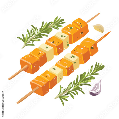 Grilled Food Skewers Glazed with Orange Marinade, Garnished with Rosemary and Garlic, Great for BBQ Party - Vector Illustration
