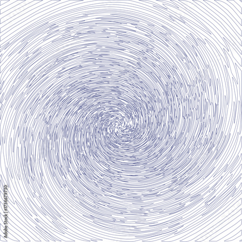 Abstract swirling vortex pattern with fine textured lines in a deep indigo color isolated on white background