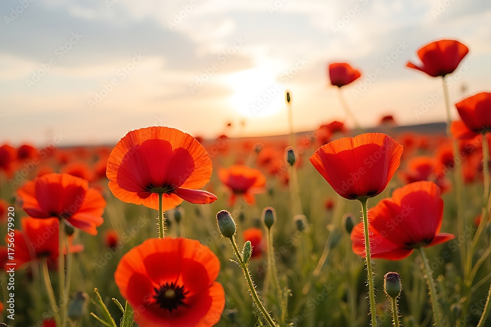 Fototapeta premium Sunset over a field of red poppies creating a warm and peaceful scene