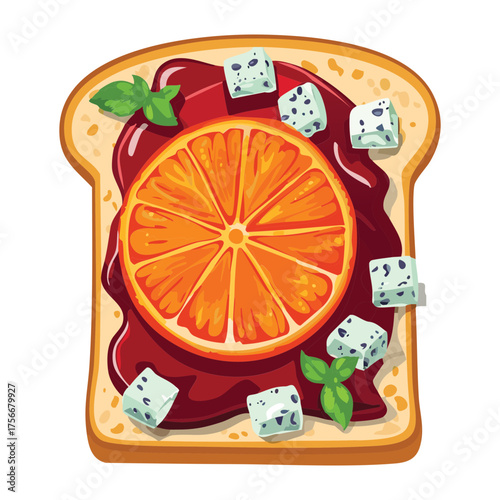 Healthy Breakfast Toast with Orange Citrus Slice, Feta Cheese Crumbles, and Red Berry Garnish for Autumn Vibes - Vector Illustration