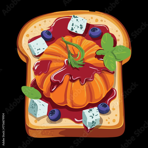 Gourmet Dark Toast Topped with Pumpkin Shape, Feta Cheese, and Blueberries for a Spooky Halloween Breakfast - Vector Illustration