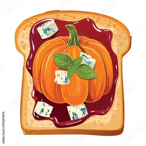 Halloween Toast with Pumpkin Jam Spread and Small Cube Toppings, A Fun and Festive Breakfast Treat - Vector Illustration