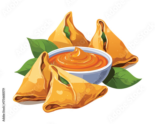 Classic Indian Samosas Arranged Around a Bowl of Orange Dipping Sauce, Perfect for a Halloween Gathering Appetizer - Vector Illustration