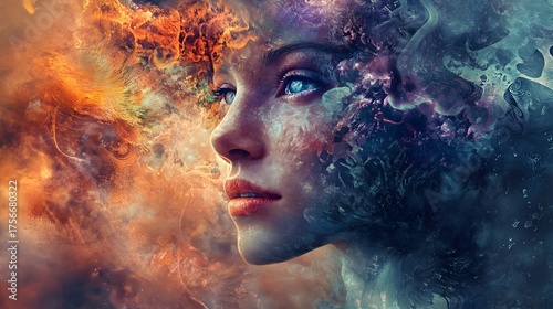 A woman's face emerges from a swirling mass of colorful smoke, creating a sense of ethereal beauty and mystery.