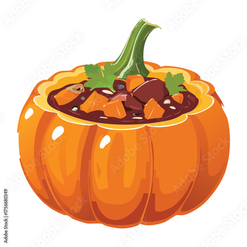 Hearty Orange Stew or Chili Served Inside a Carved Pumpkin Bowl, Ready for a Warm Autumn Night - Vector Illustration