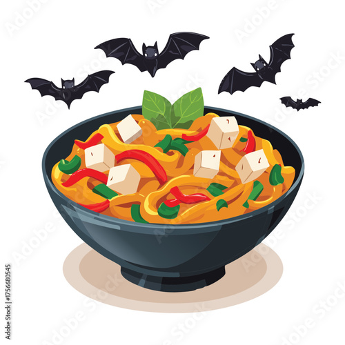 Warm flavorful autumn curry or stew in a black bowl with flying bats perfect for a cozy spooky Halloween night dinner - Vector Illustration