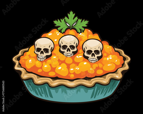 Spooky skull-themed savory meat pie with green crust and decorative orange pumpkin for a terrifying and delicious Halloween dish - Vector Illustration
