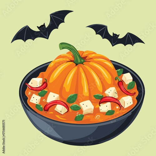 Fun halloween savory dish with bats flying over a large pumpkin-shaped vegetable appetizer or main course for a party - Vector Illustration